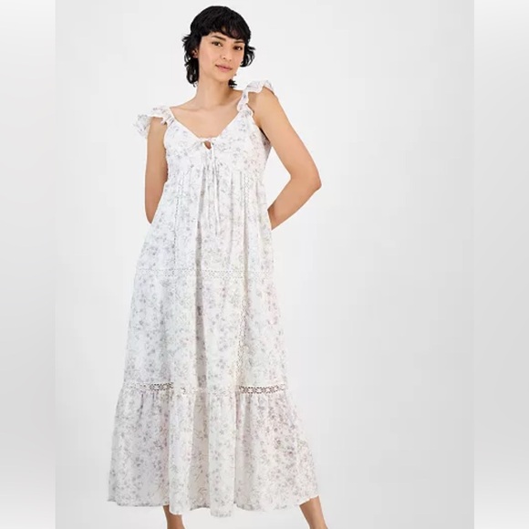 And Now This Dresses & Skirts - “And Now This” Crochet Trim Empire Waist Floral Maxi Dress White/Lilac NWT SizeS
